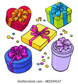Set of colorful gift boxes with bows and ribbons, cartoon style vector illustration isolated on white background. Xmas, birthday, Valentine presents, gifts, surprises, decoration elements
