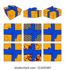 Set of colorful gift boxes with bows and ribbons. Vector illustration collection
