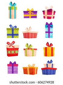 Set of colorful gift boxes with bows and ribbons. Present box icons set in modern flat style. Vector illustration
