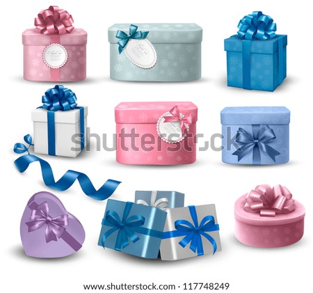  Set of colorful gift boxes with bows and ribbons. Vector illustration.