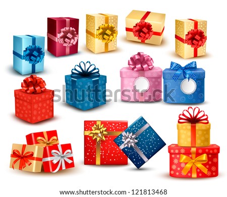 Set of colorful gift boxes with bows and ribbons. Vector illustration.