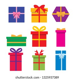 Set of colorful gift boxes with bright bows. Isolated vector illustration. Flat design. 