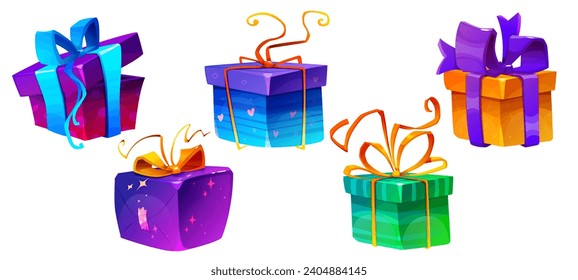 Set of colorful gift boxes. Bright icons with present, bonus or surprise for video games or online casinos. Birthday or Christmas celebration. Cartoon 3D vector collection isolated on white background