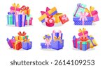 A set of colorful gift boxes with decorative bows and ribbons on a white background. Festive and celebratory concept. Vector illustration