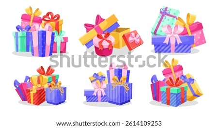 A set of colorful gift boxes with decorative bows and ribbons on a white background. Festive and celebratory concept. Vector illustration