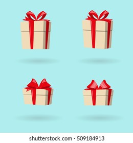 Set of colorful gift boxes. Design elements for decoration holidays greeting card, posters, banners. Happy birthday or merry christmas and happy new year. Cartoon style. Vector illustration