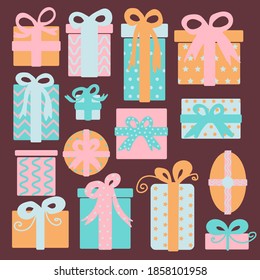 A set of colorful gift boxes of different shapes, with ribbons. Decorative stylish wrapper for gift wrapping. Vector gifts collection web icon sign illustration