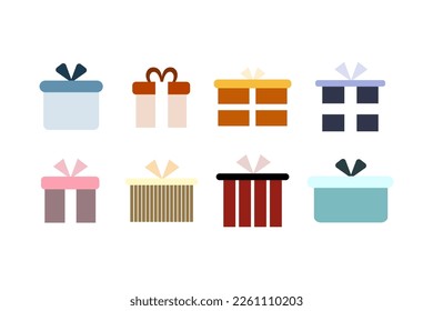 Set of colorful gift boxes with different decorative pattern style. Happy Holiday celebration concept. Flat vector illustrations isolated on white background.