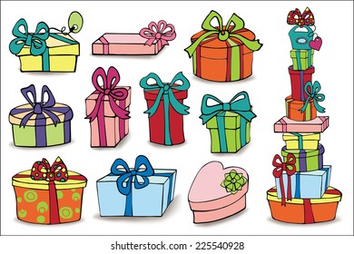 Set of colorful gift boxes with drop shadow. Hand drawing style.Doodle Vector illustration. 