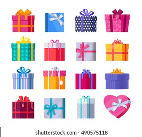 Set of colorful gift boxes with fashionable ribbons and bows isolated. Present box. Decorative stylish wrap for presents package. Modern packing product. Gifts collection web icon sign symbol. Vector