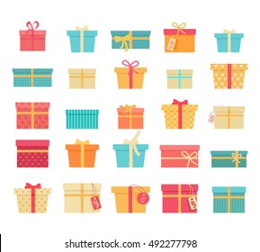 Set of colorful gift boxes with fashionable ribbons and bows isolated. Present box. Decorative stylish wrap for presents package gift. Modern packing gift product. Gifts collection web icon. Vector