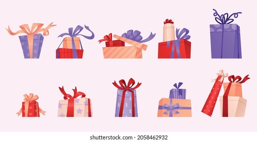 Set of colorful gift boxes in a flat style. Gift boxes with different ribbons, bow ties and patterned wrapping paper. Christmas. Holiday. New Year. Flat vector illustration.