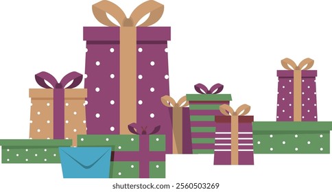 Set of colorful gift boxes in a flat style. Gift boxes with different ribbons, bow ties and patterned wrapping paper. Christmas. Holiday. New Year. Flat vector
