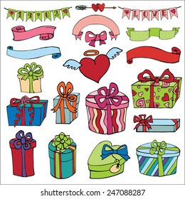 Set of colorful gift boxes with garlands,ribbons. Hand drawing style.Doodle Vector illustration. Valentine's day
