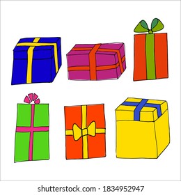 Set of colorful gift boxes, hand drawn. Set of gift boxes. Vector cartoon doodles. Isolated objects on a white background. 