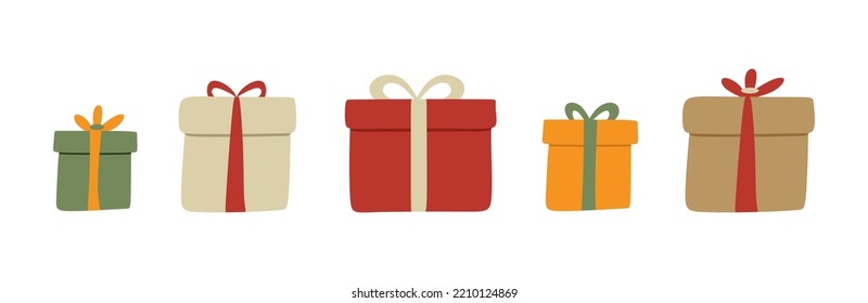 Set of colorful gift boxes. Holiday gifts isolated. Modern gift wrapping. Collection of gift boxes in flat cartoon style. vector illustration