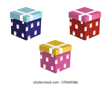 Set of Colorful Gift Boxes Isolated on White Background. Vector Illustration Design for Birthday, Children Party, Baby Shower, Wedding.  