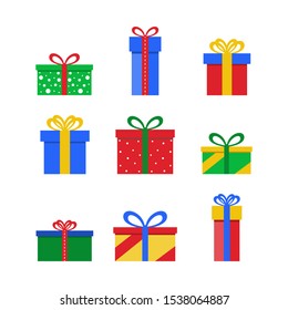 Set of colorful gift boxes on a white background. Birthday collection, Christmas. Gifts collection of web icon sign symbol.