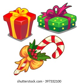 Set of colorful gift boxes for gift packing for Christmas or birthday. Candy Cane. Vector illustration.