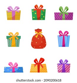 Set of colorful gift boxes. Presents for Christmas and New Year, and Birthday and other holidays. Vector flat illustration in cartoon style