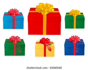 Set of  colorful gift boxes with red and gold ribbons.