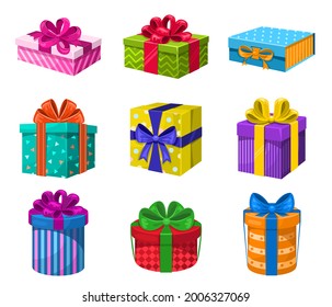 Set of colorful gift boxes with ribbon and bows.Collection for sale shopping concept.Holiday present boxes with ornaments.New year, anniwersary, birthday, christmas 
 vector icon design element