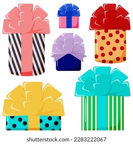 Conjunto de cajas de regalo coloridas con cinta sobre fondo blanco. Ilustración vectorial de dibujos animados con elementos para diseño, decoración, tarjetas de felicitación.