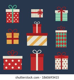 Set of colorful gift boxes with ribbons. Vector illustration of various presents for Christmas.