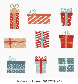 Coloridas cajas de regalo con cintas sobre fondo blanco. Diseño plano para un regalo de Navidad. Ilustración vectorial. 