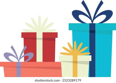 Set of colorful gift boxes with ribbons and bows. Hand drawn vector composition on white background. A pile of presents