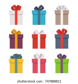 Set of colorful gift boxes. Template design for surprise, celebration event, presents, birthday, xmas. Vector illustration