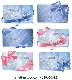 Set of colorful Gift cards with gift bows with ribbons Vector