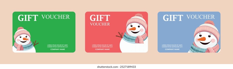 Conjunto de certificados de presente coloridos com um boneco de neve para o Ano Novo e Natal. Vetor.