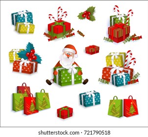 Set of colorful gift, present boxes and cartoon Santa Claus, Christmas decoration elements, flat vector illustration on white background. Christmas presents, gift boxes, colorful decoration elements