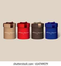 A set of colorful, gift, round boxes, with bows and ribbons. Vector illustration.