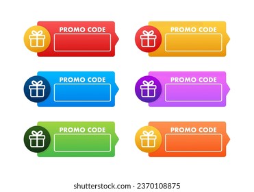 Coloridas etiquetas regalo con un regalo en ellas. Promo, Banner de código de cupón con caja de regalo. Ilustración de material vectorial