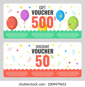 Set of colorful gift vouchers. Certificate template for a holiday. Vector illustration.