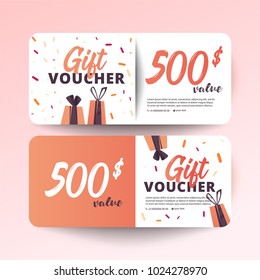 Set of colorful gift vouchers with gifts on white background. Modern flat style vector illustration.