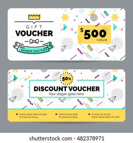 Set of colorful gift vouchers in retro 80s, 90s memphis style. certificate for a holiday.  modern, hipster, youth style. Vector illustration