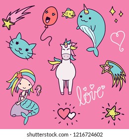 Set of colorful girly doodle handdrawn cute illustration colorful and childish