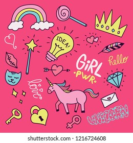 Set of colorful girly doodle handdrawn cute cartoon illustrations