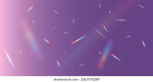 Conjunto de partículas de vidrio coloridas, lentes vectoriales, luz arcoiris de cristal y efectos de brillo transparentes. Superposición del fondo. Concepto de prisma.