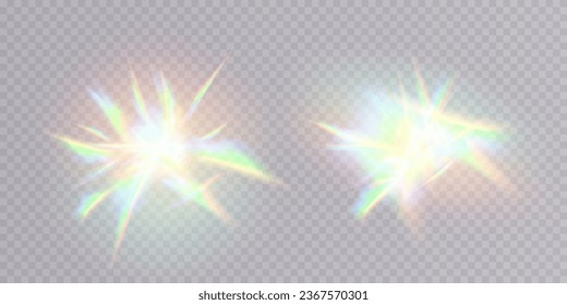 Set of colorful glare particles, vector lenses, crystal rainbow light and transparent glare effects. Background overlay. Prism concept.