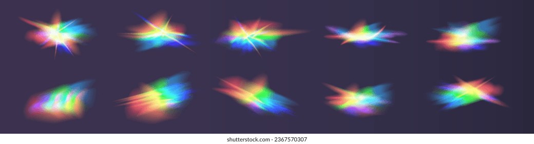 Conjunto de partículas de vidrio coloridas, lentes vectoriales, luz arcoiris de cristal y efectos de brillo transparentes. Superposición del fondo. Concepto de prisma.