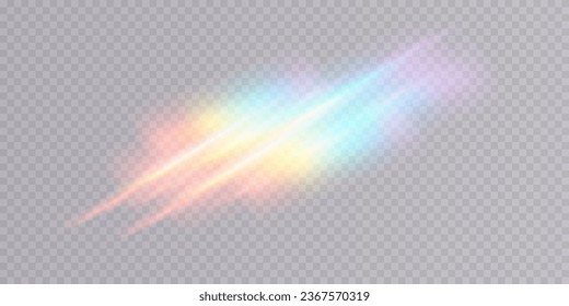 Conjunto de partículas de vidrio coloridas, lentes vectoriales, luz arcoiris de cristal y efectos de brillo transparentes. Superposición del fondo. Concepto de prisma.