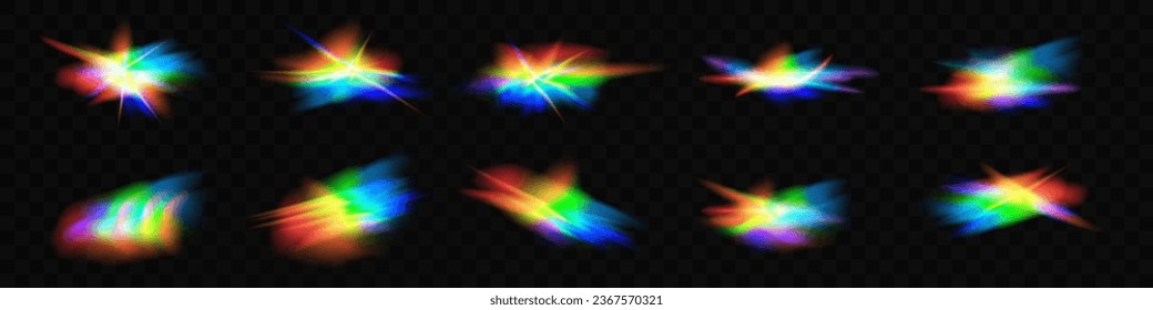 Set of colorful glare particles, vector lenses, crystal rainbow light and transparent glare effects. Background overlay. Prism concept.