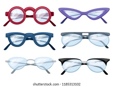 Set of colorful glasses. Collection of six cartoon glasses. Flat vector illustration isolated on white background.