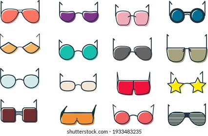 Set of colorful glasses. Sunglasses in sixteen different fashion styles in shape and color. Funny, modern and classic glasses vectors.