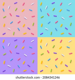 Set of Colorful Glaze Backgrounds. Vector Seamless Pattern with Sprinkles. Donut Glaze Illustrations. Sweet Food Texture. Random Confetti set.