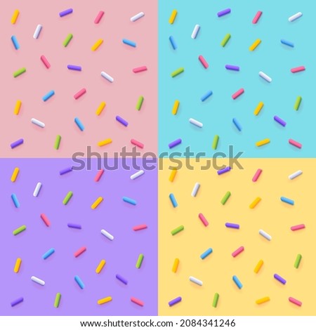 Set of Colorful Glaze Backgrounds. Vector Seamless Pattern with Sprinkles. Donut Glaze Illustrations. Sweet Food Texture. Random Confetti set.